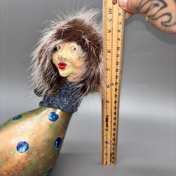 Gourd Art Sculpture J Minter Artist Signed Whimsical Folk Figure Fur Mixed Media - Picture 7 of 8